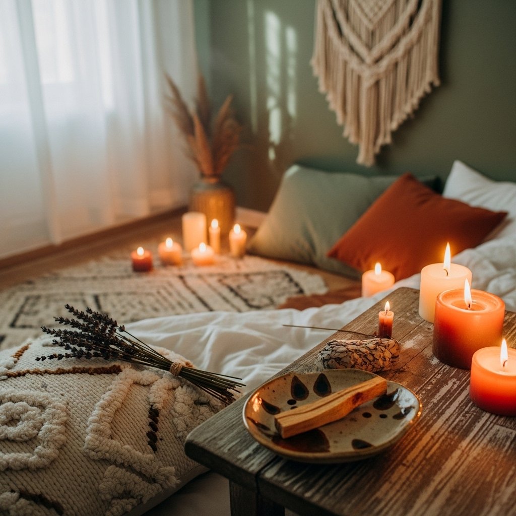 Boho bedroom with palo santo stick resting on ceramic dish, dried lavender bundle on pillow, warm ambient candlelight, dreamy soft focus, earthy tones, intimate atmosphere, interior lifestyle photography, ultra realistic