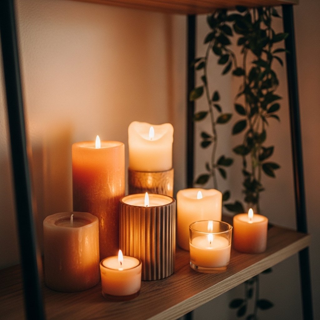 Assorted pillar candles and small candle holders on boho bedroom shelf, warm wax tones, unlit but atmospheric, trailing plant behind, warm soft light, interior detail photography, ultra realistic