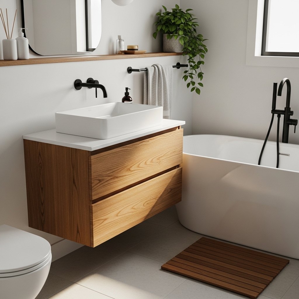 Black and white bathroom with warm wood accent, white walls and black fixtures, natural oak floating vanity cabinet, white sink on top, teak bath mat beside freestanding tub, small plant on wooden shelf, warm morning light, interior lifestyle photography, ultra realistic