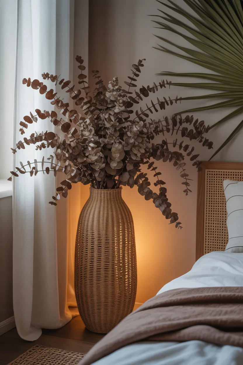 Tall floor vase with dried eucalyptus branches, boho bedroom corner, warm backlight catching the leaves, natural texture detail, earthy tones, minimal surrounding space, interior photography, ultra realistic
