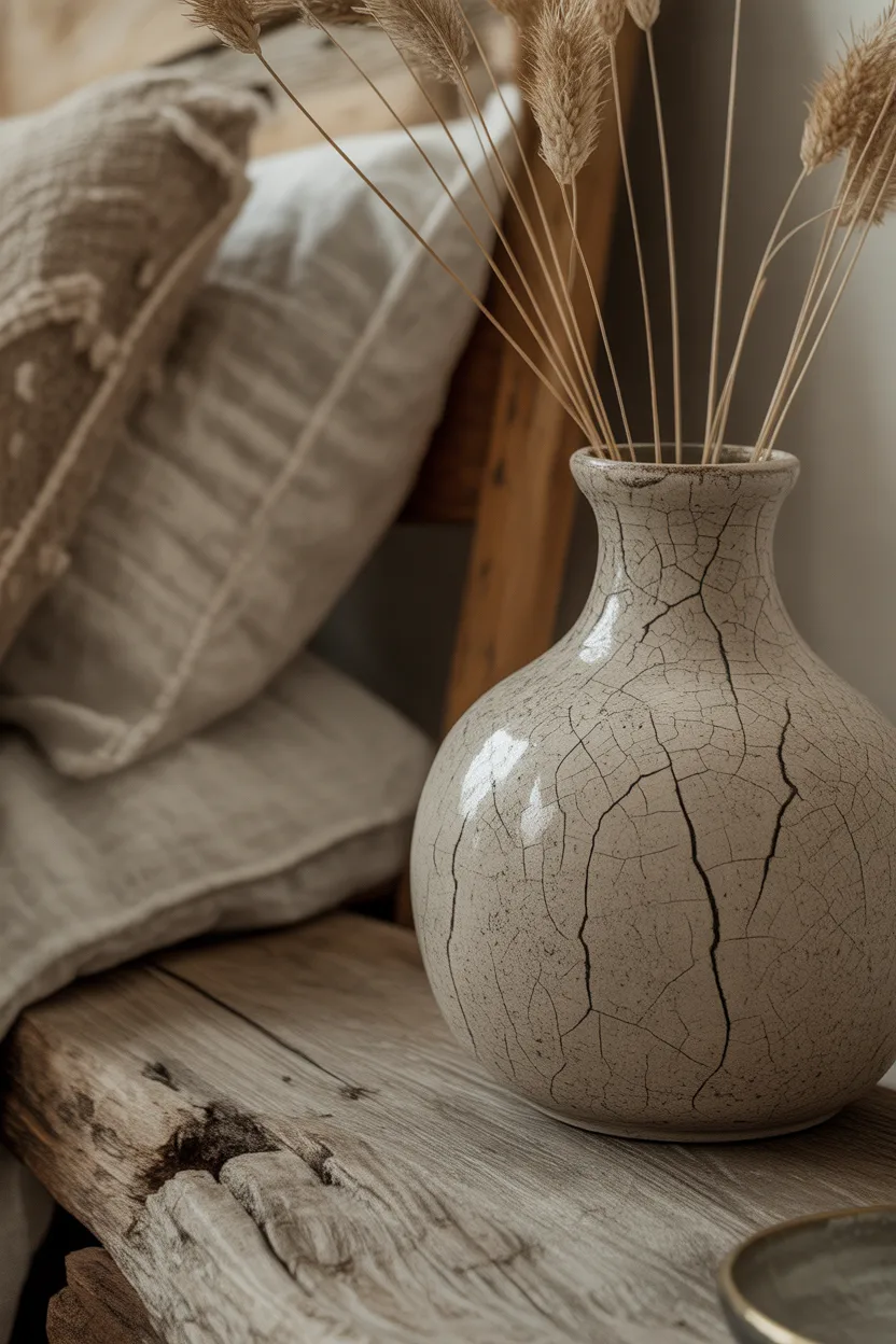 Imperfect boho bedroom details: cracked ceramic vase, uneven linen texture, worn wood grain, hand-thrown pottery, natural imperfections celebrated, warm intimate lighting, macro detail photography, ultra realistic