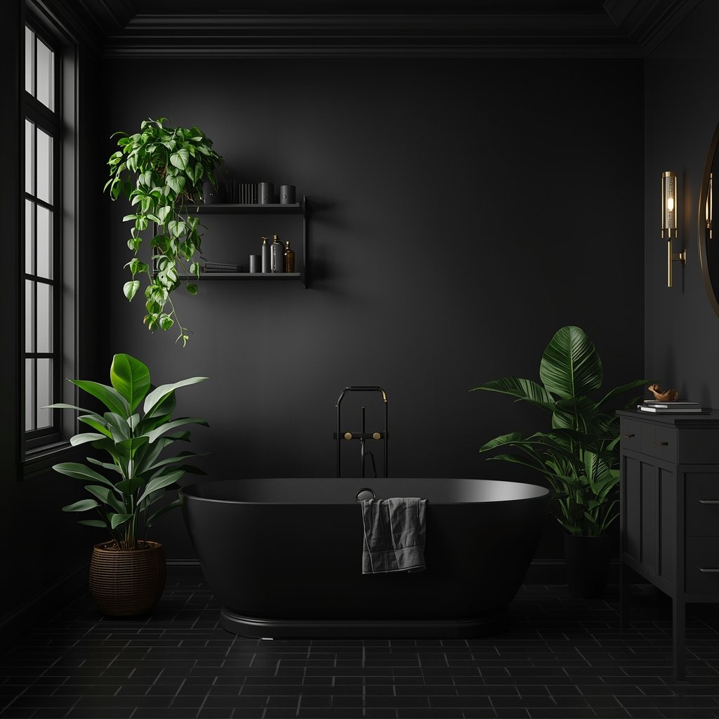black bathroom with lush green plants trailing po 2