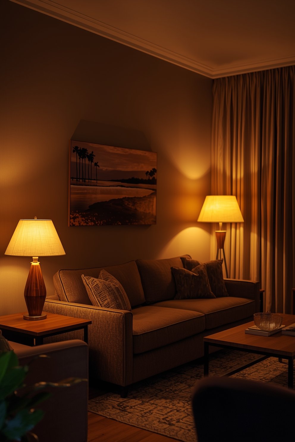 brown and beige living room at evening warm 2700k 0