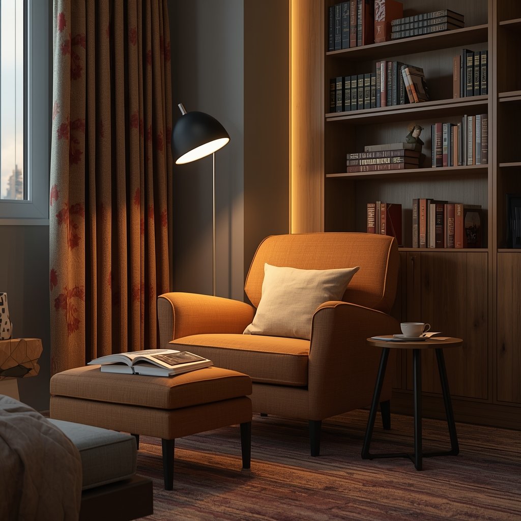 cozy reading corner in brown and beige living roo 1
