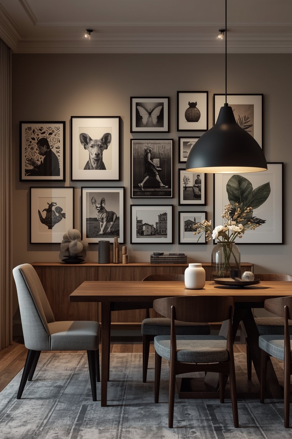 dining room with large gallery wall mixed art pri 1