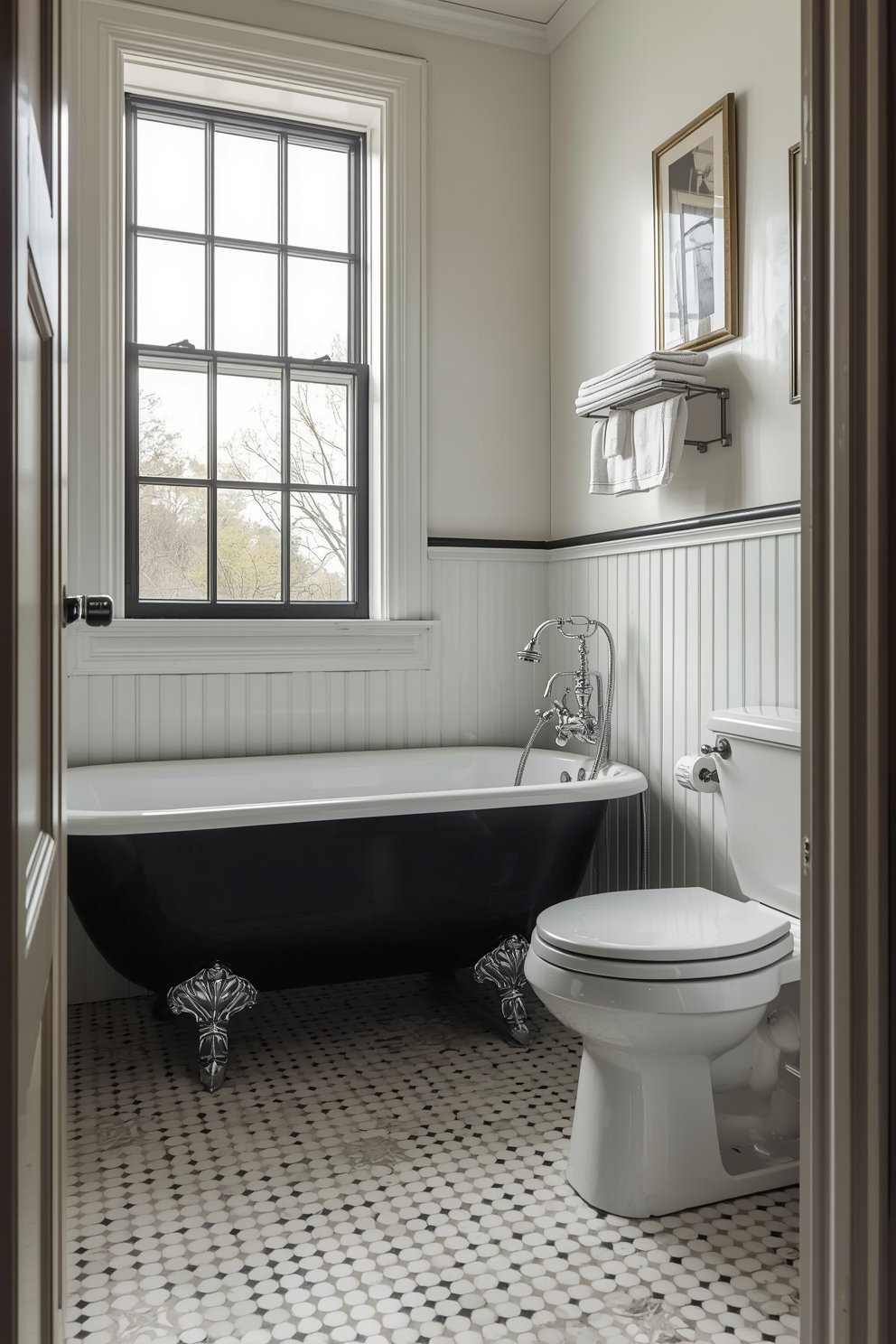 vintage bathroom with white clawfoot tub black fe 0