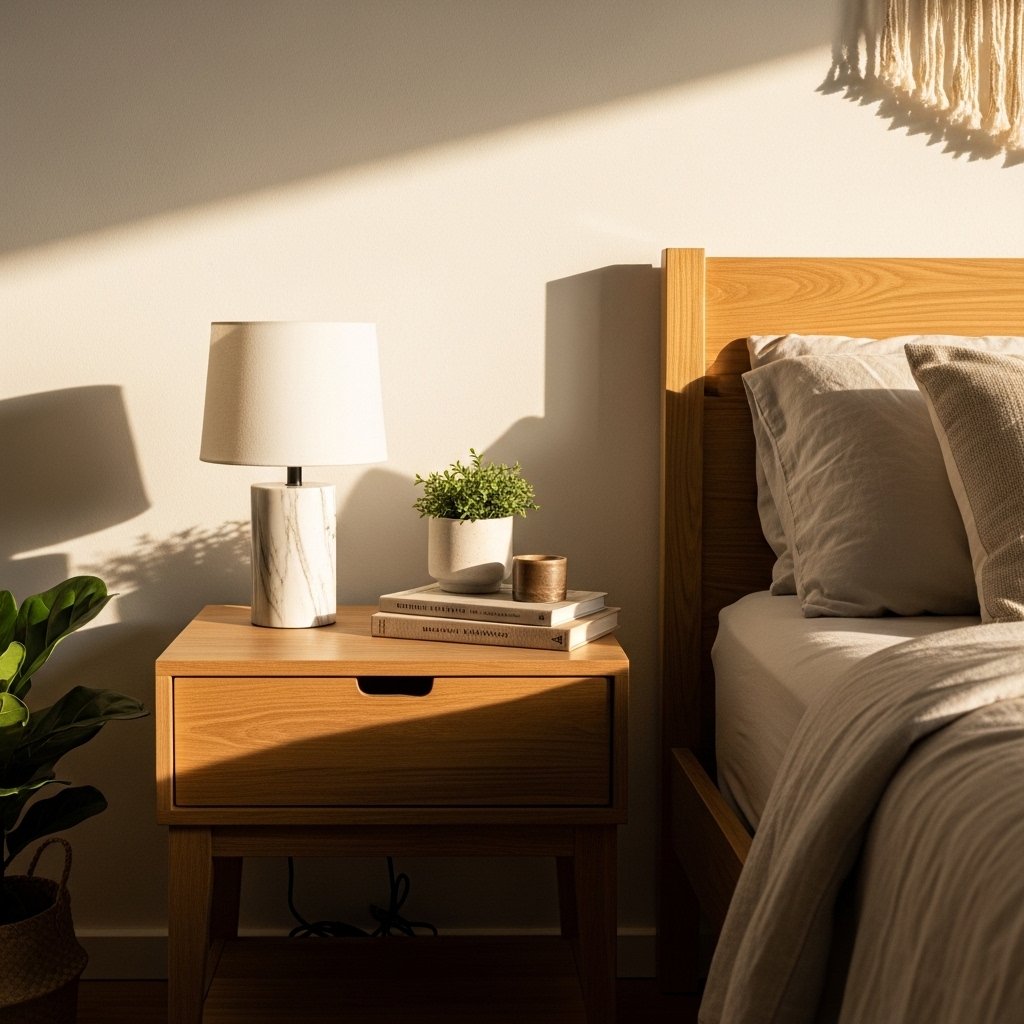 simple wooden nightstand with only lamp, single book and small plant, boho bedroom beside linen bed, warm morning light, clean and intentional styling, interior detail photography, ultra realistic