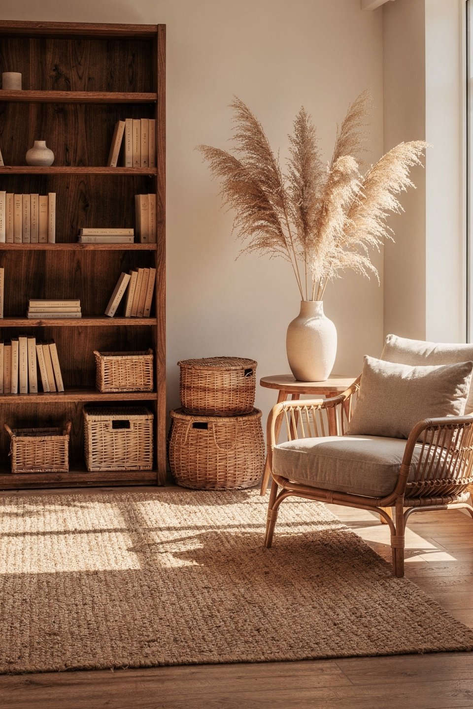 brown and beige living room with natural materials jute rug on floor rattan armc 0