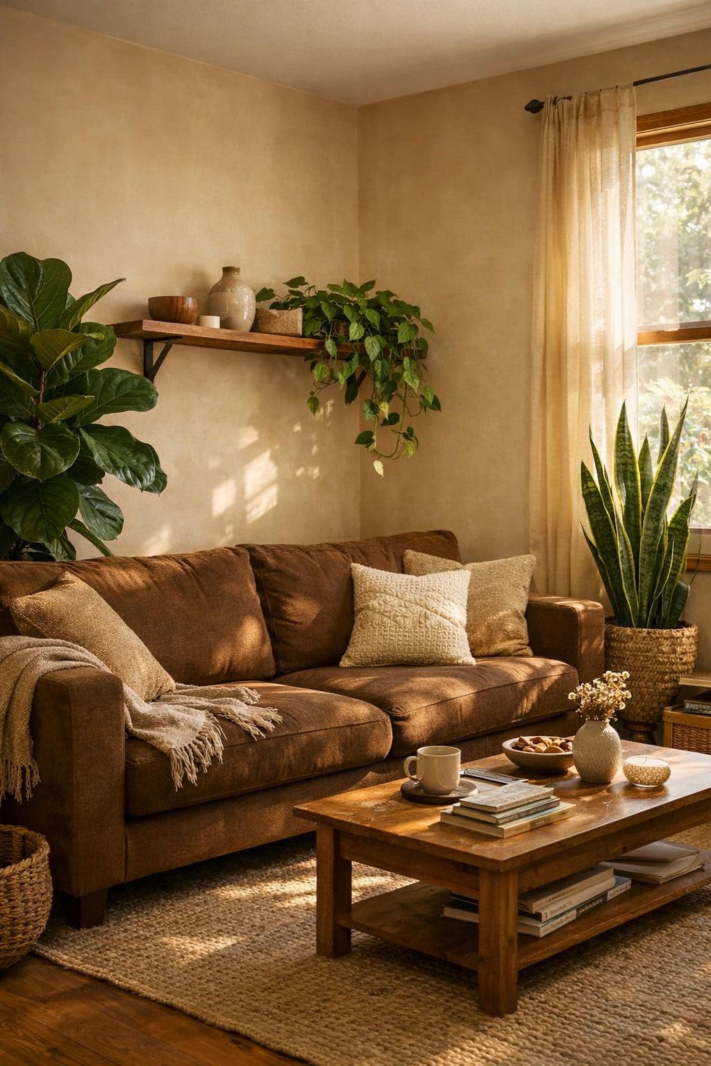 brown and beige living room with green houseplants large fiddle leaf fig in corn 0