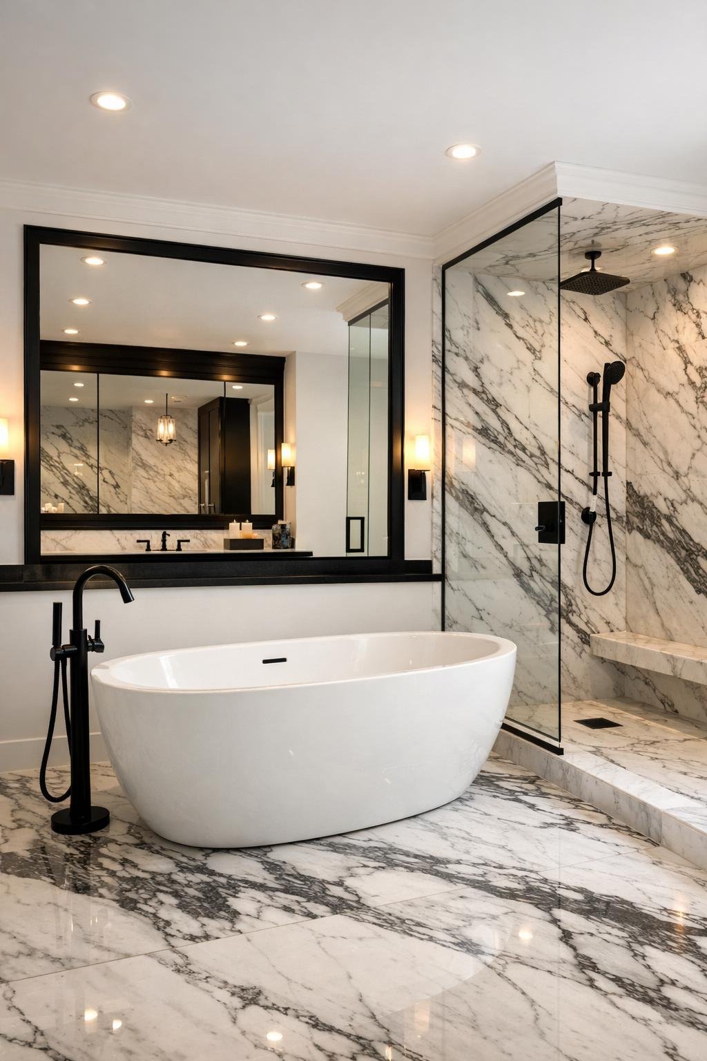  luxury bathroom with white marble tile and grey black veining black fixtures and 0