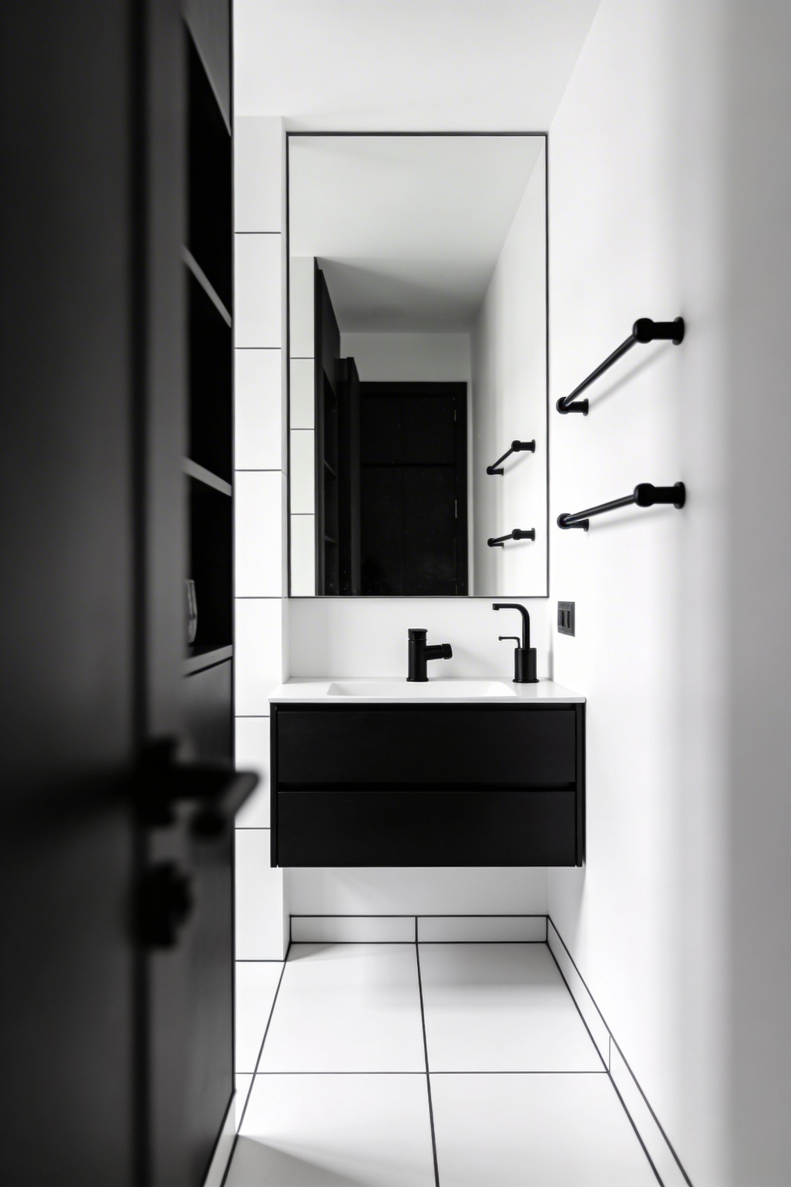 4.5 small black and white bathroom large format white floor tile with minimal grout 0