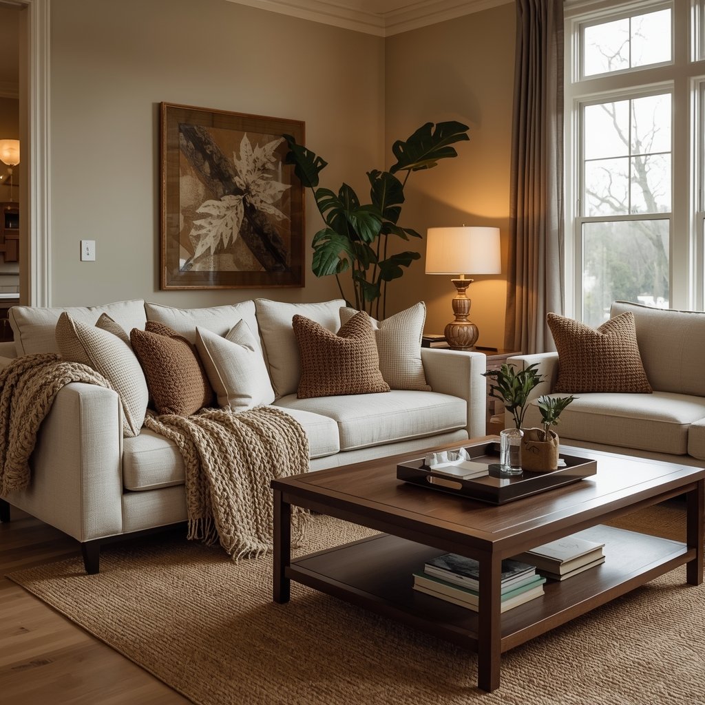 a warm and inviting brown and beige living room l 3