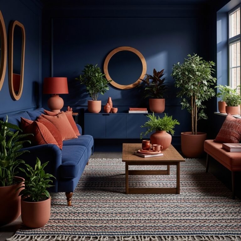 Navy blue living room with terracotta accents, navy walls or sofa as dominant color, terracotta cushions and ceramic lamp base, woven rug with navy and terracotta tones, potted plants in terracotta pots, warm afternoon light, sophisticated and warm apartment living room, interior photography, ultra realistic