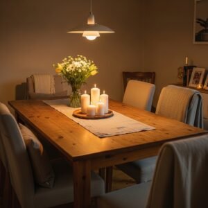 Warm inviting everyday dining room, wooden table with simple table runner, candles ready to be lit