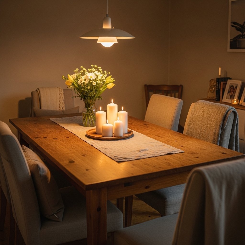 Warm inviting everyday dining room, wooden table with simple table runner, candles ready to be lit