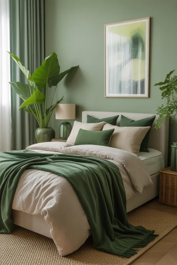 a green and white contrast bedroom with a plant and a painting