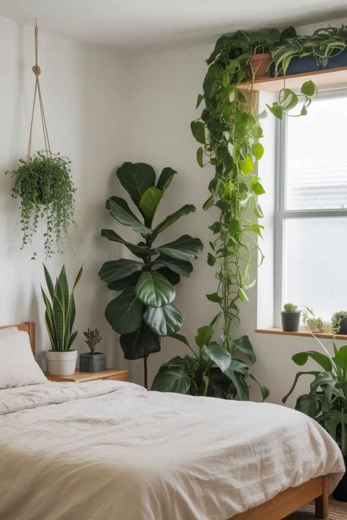 a white bedroom decorated with green plants for the green ehancement 