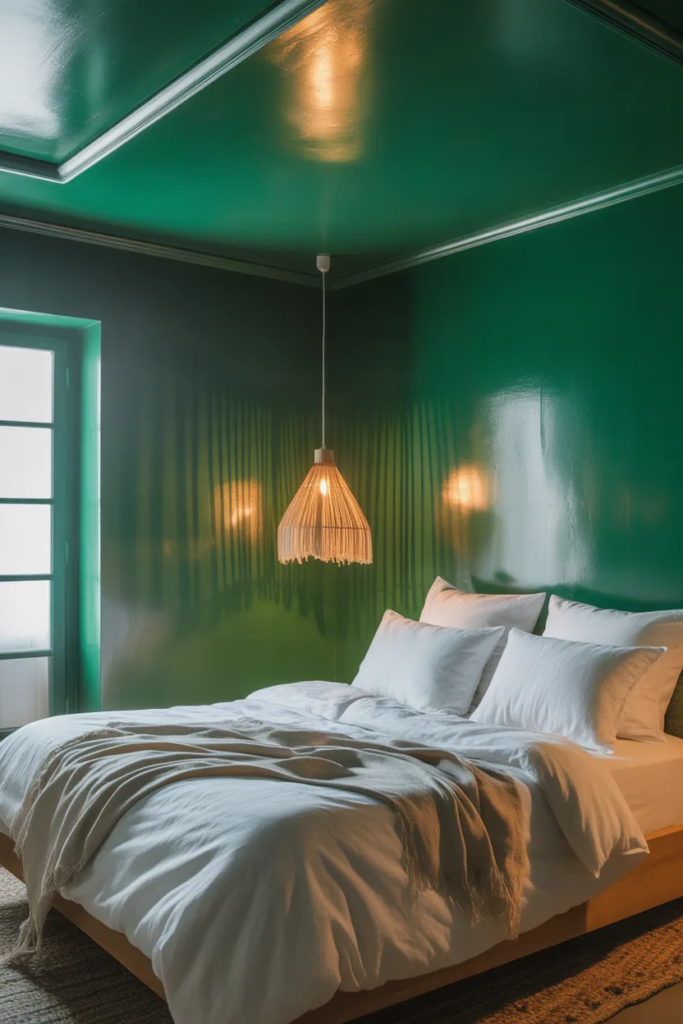 plain white bed set with green painted wallls 