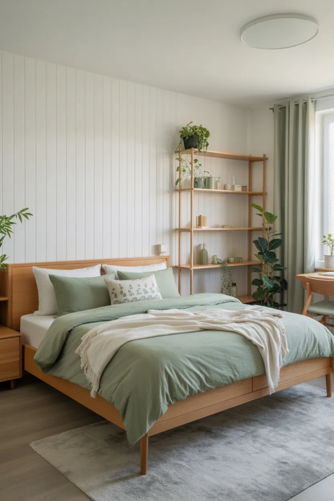 a sage green and white bedroom with wooden furniture 