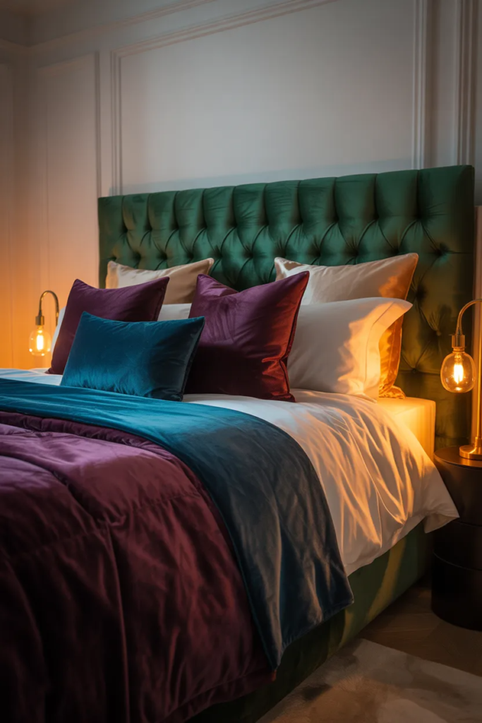 a green bed set with jewel colors cushions 