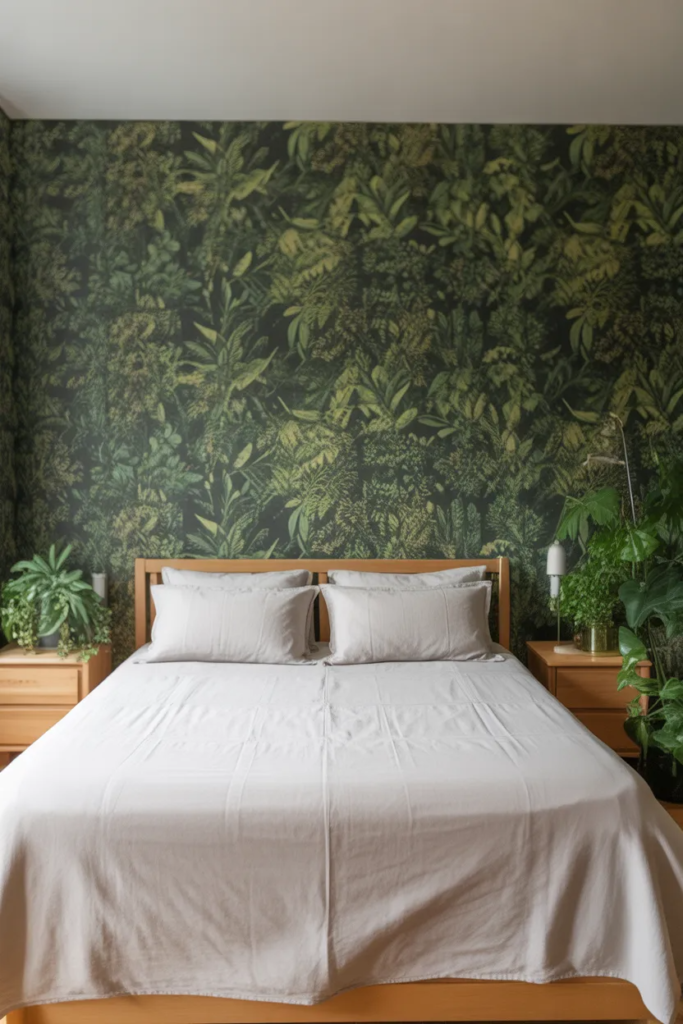  a white bedroom with botanical all green wallpaper 