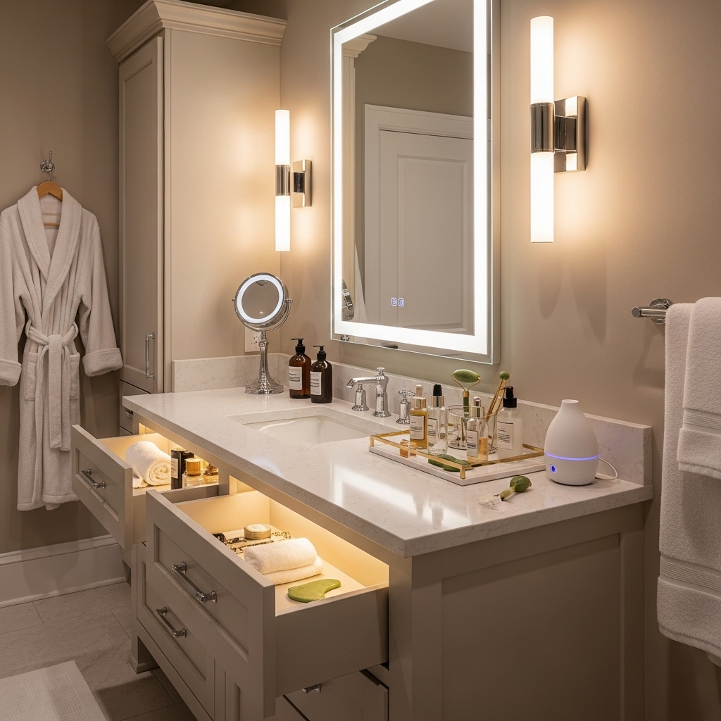 all white spa bathroom, vanity