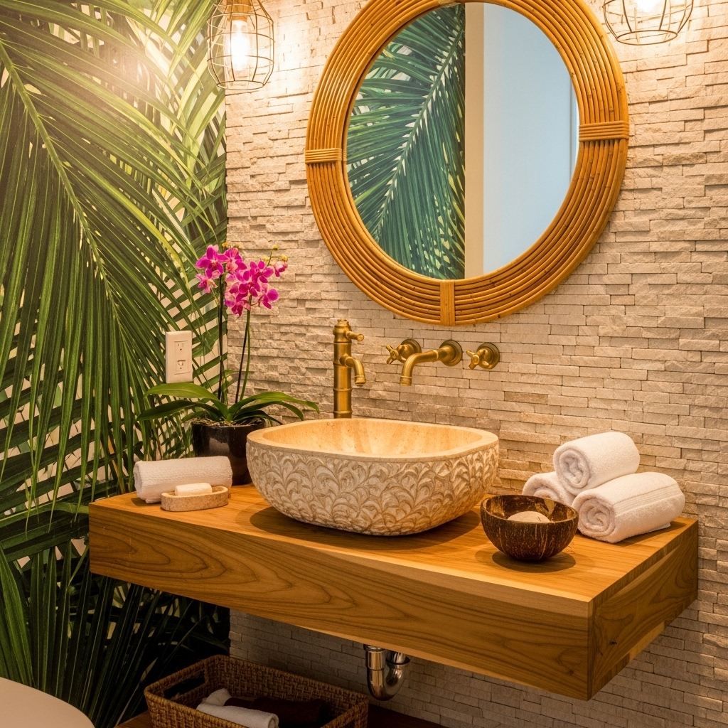 a wooden spa vanity with tropical touch 