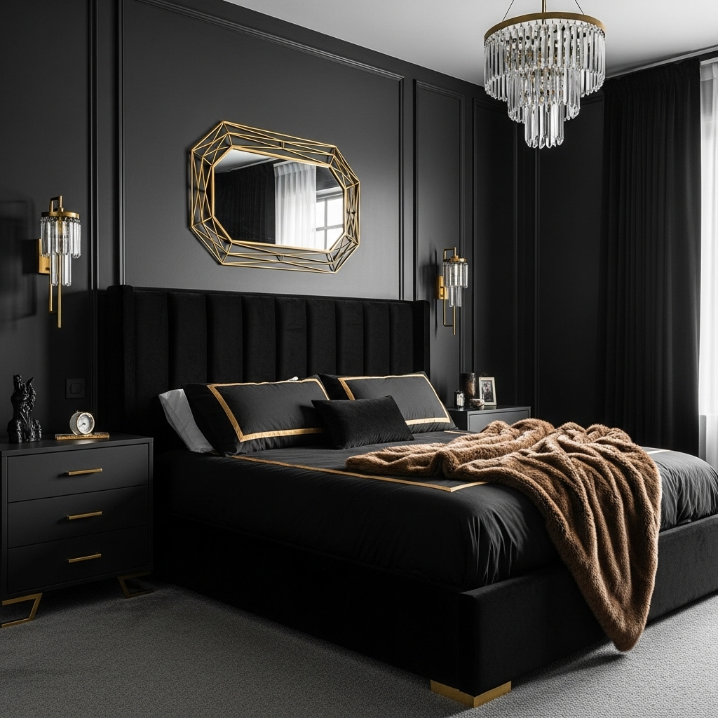 all black dark modern charcol master bedroom 