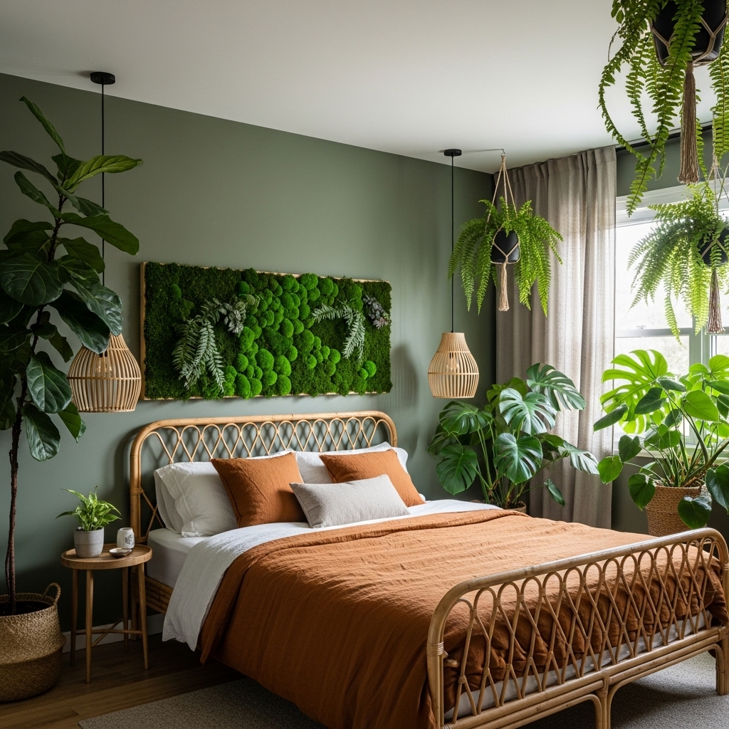boho with plants master bedroom 