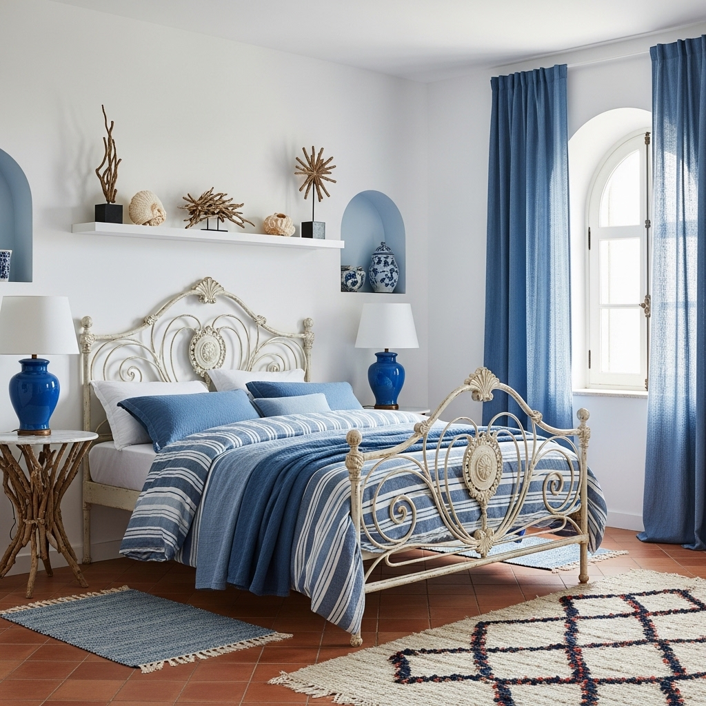 coastal blue and white master bedroom 