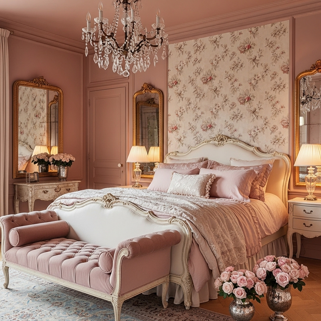 dusty pink rose french master bedroom 