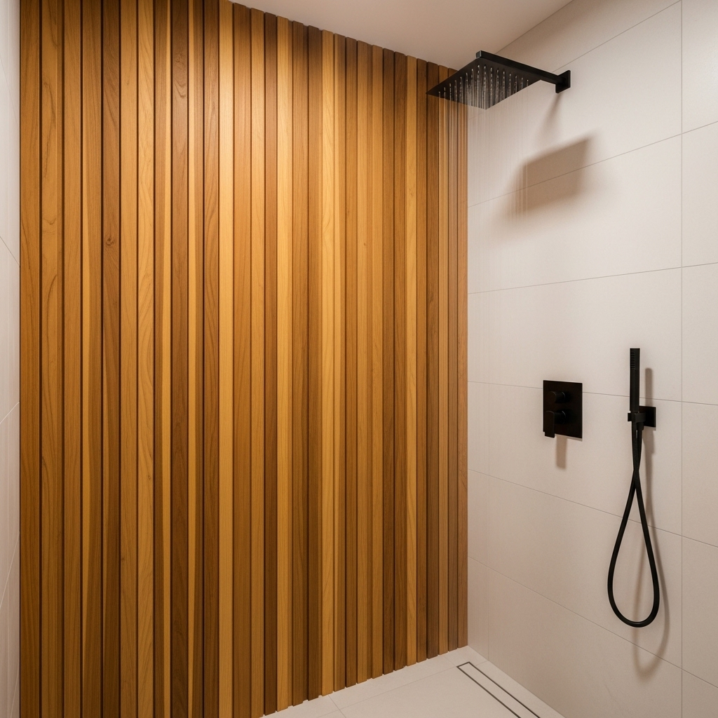 Teak Wood Wet Wall — Warm Timber in the Shower