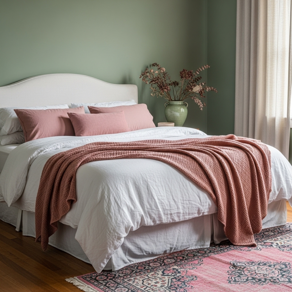 13 Green & Pink Bedroom Ideas That Prove This Color Combination Is the Most Beautiful in Design Sage Green Walls With Dusty Rose Textiles