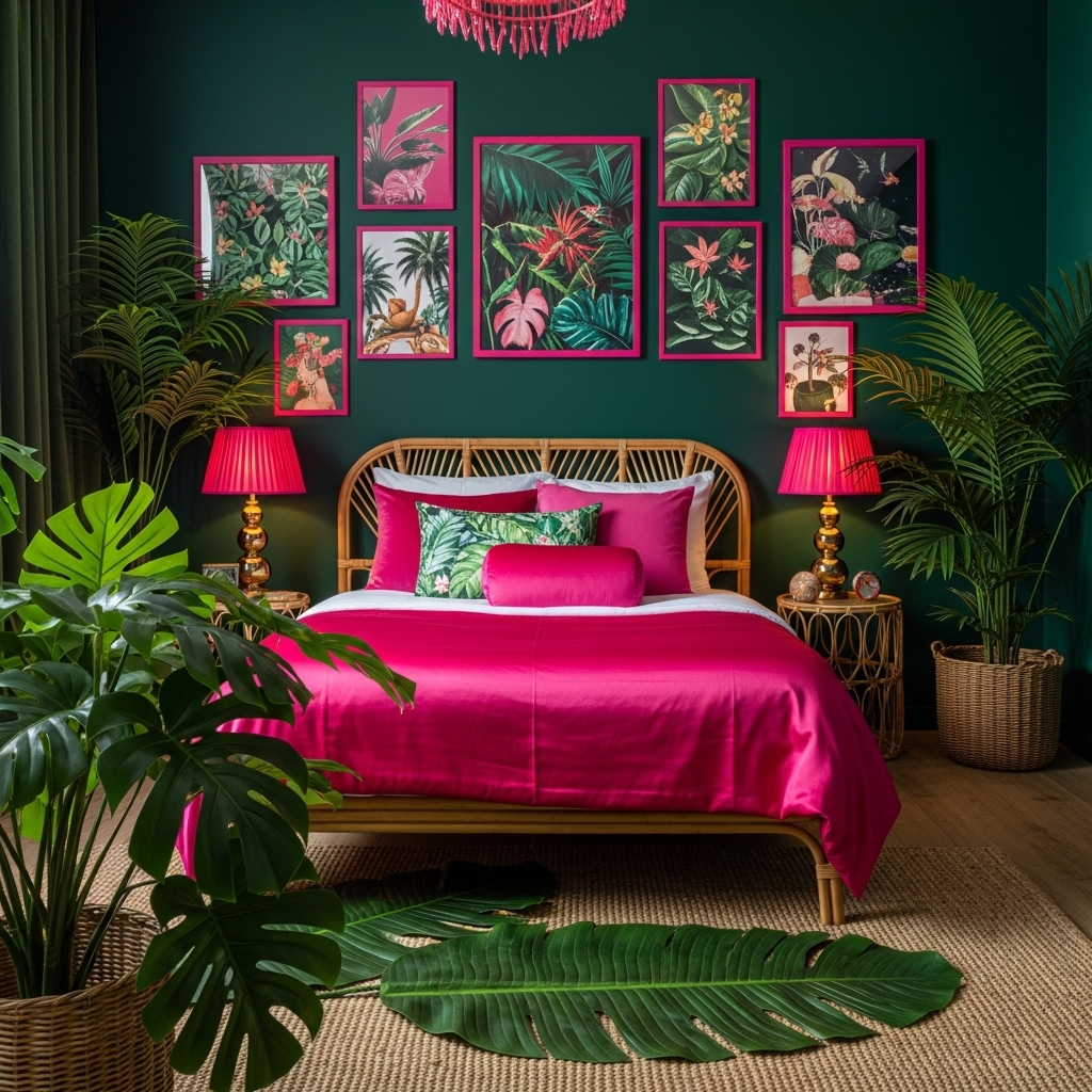 13 Green & Pink Bedroom Ideas That Prove This Color Combination Is the Most Beautiful in Design Hot Pink & Deep Jungle Green — Maximalist Tropical