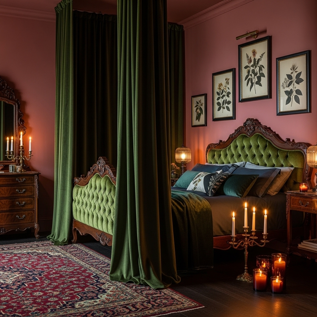 13 Green & Pink Bedroom Ideas That Prove This Color Combination Is the Most Beautiful in Design Dark Moody Rose Pink & Bottle Green — The Gothic Romance