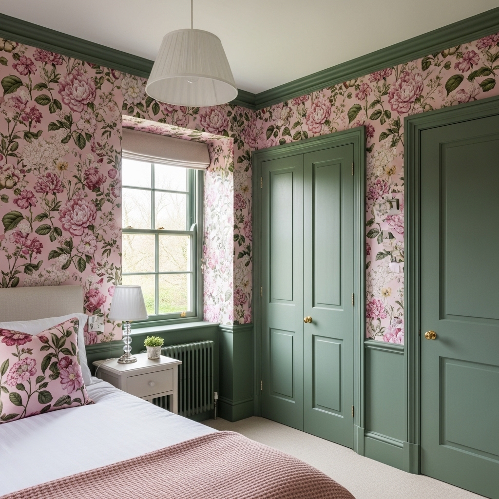 13 Green & Pink Bedroom Ideas That Prove This Color Combination Is the Most Beautiful in Design Pink Floral Wallpaper With Green Painted Woodwork