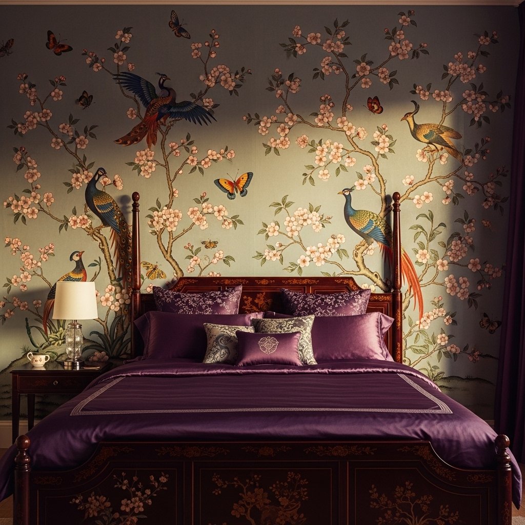 Hand-Painted Chinoiserie Wallpaper on One Wall