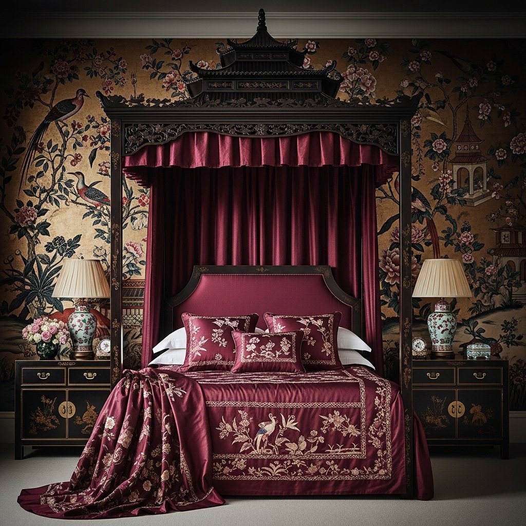 A Canopy Bed With Pagoda or Temple Detail
