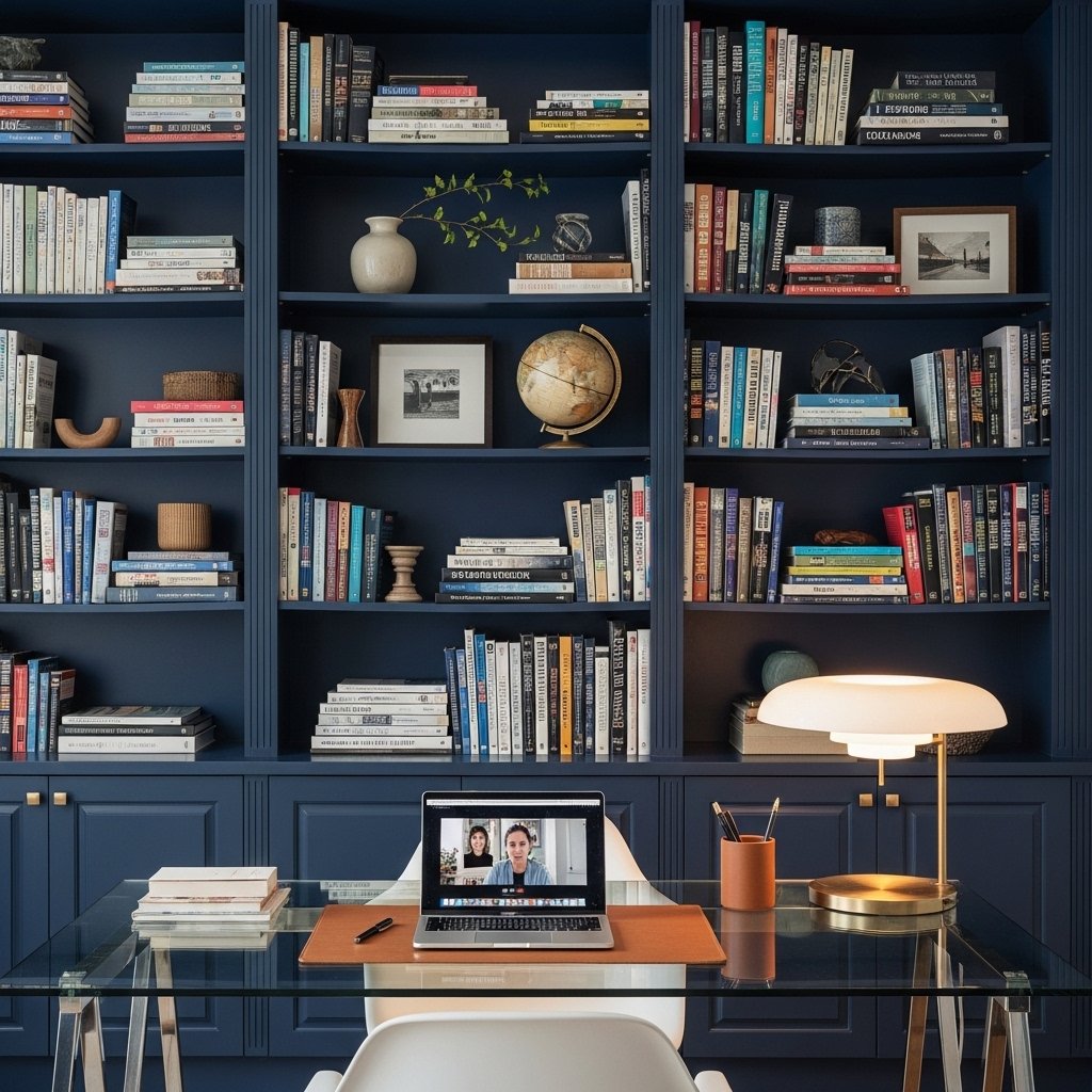 12 Home Office Setup Ideas That Make Work Feel Worth Doing A Dedicated Bookshelf as Work Resource and Wall Treatment