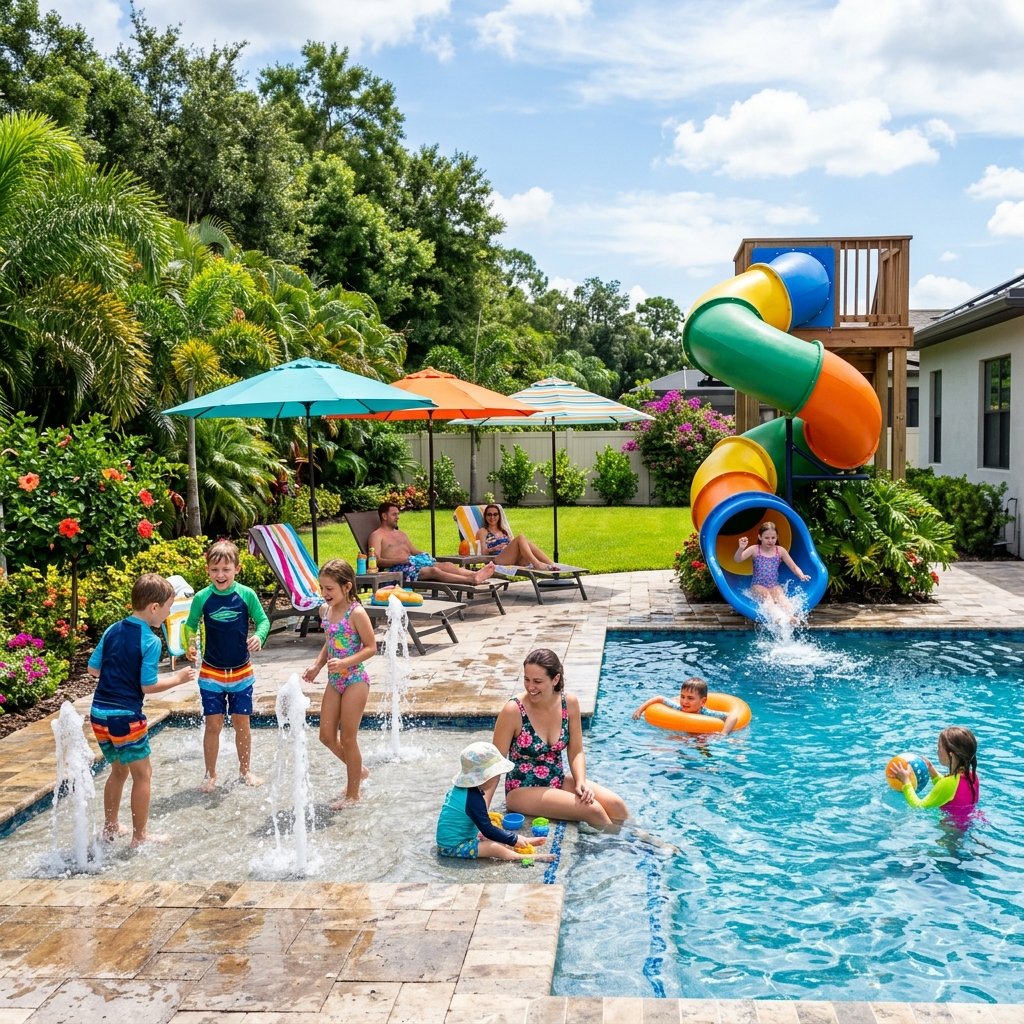 The Family Pool with Water Slide and Splash Zone