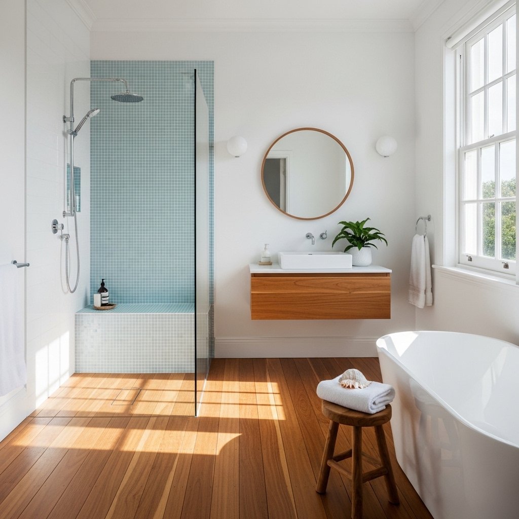 Warm Timber Floors in a Coastal Bathroom