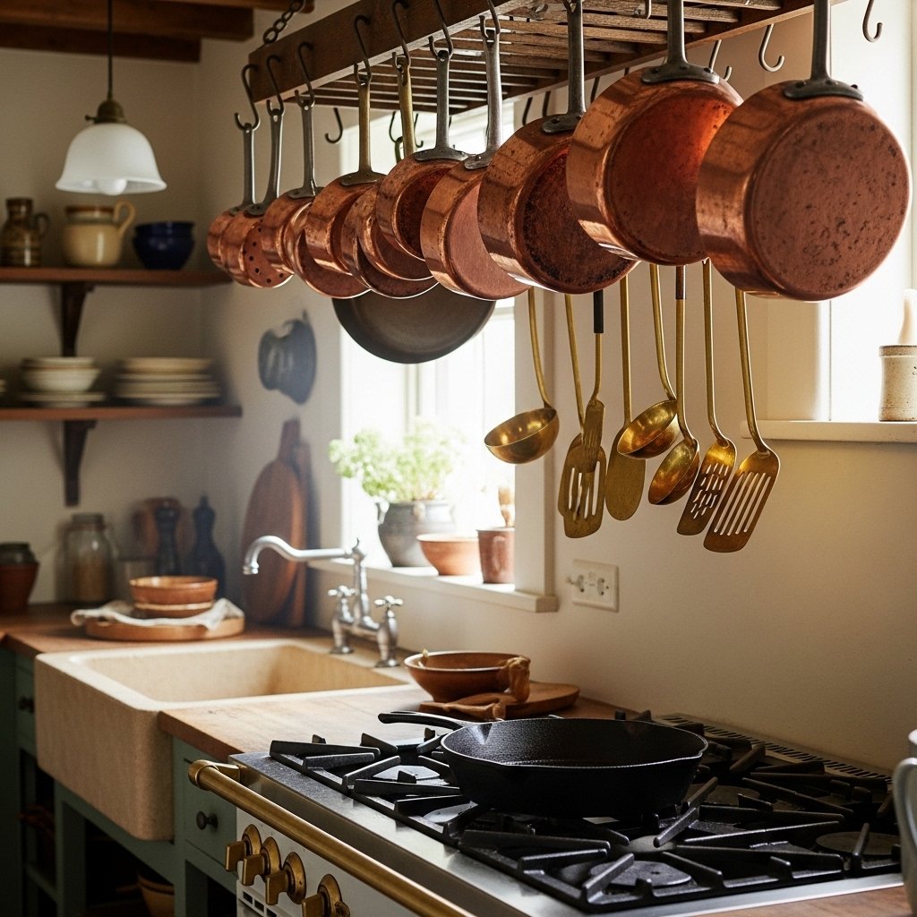 Copper and Brass Cookware on Display