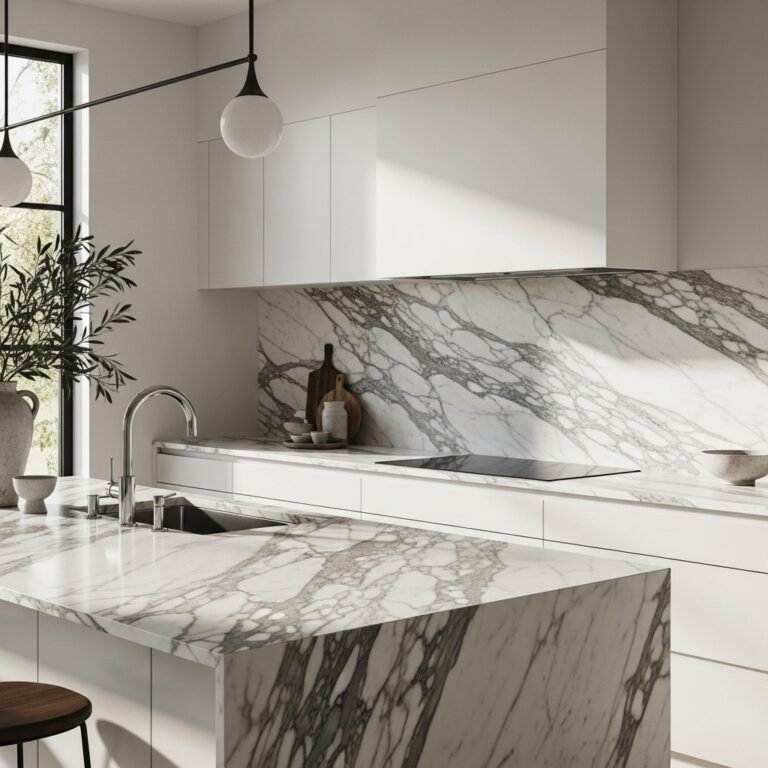 Full-Height Slab Backsplash in Matching Countertop Stone