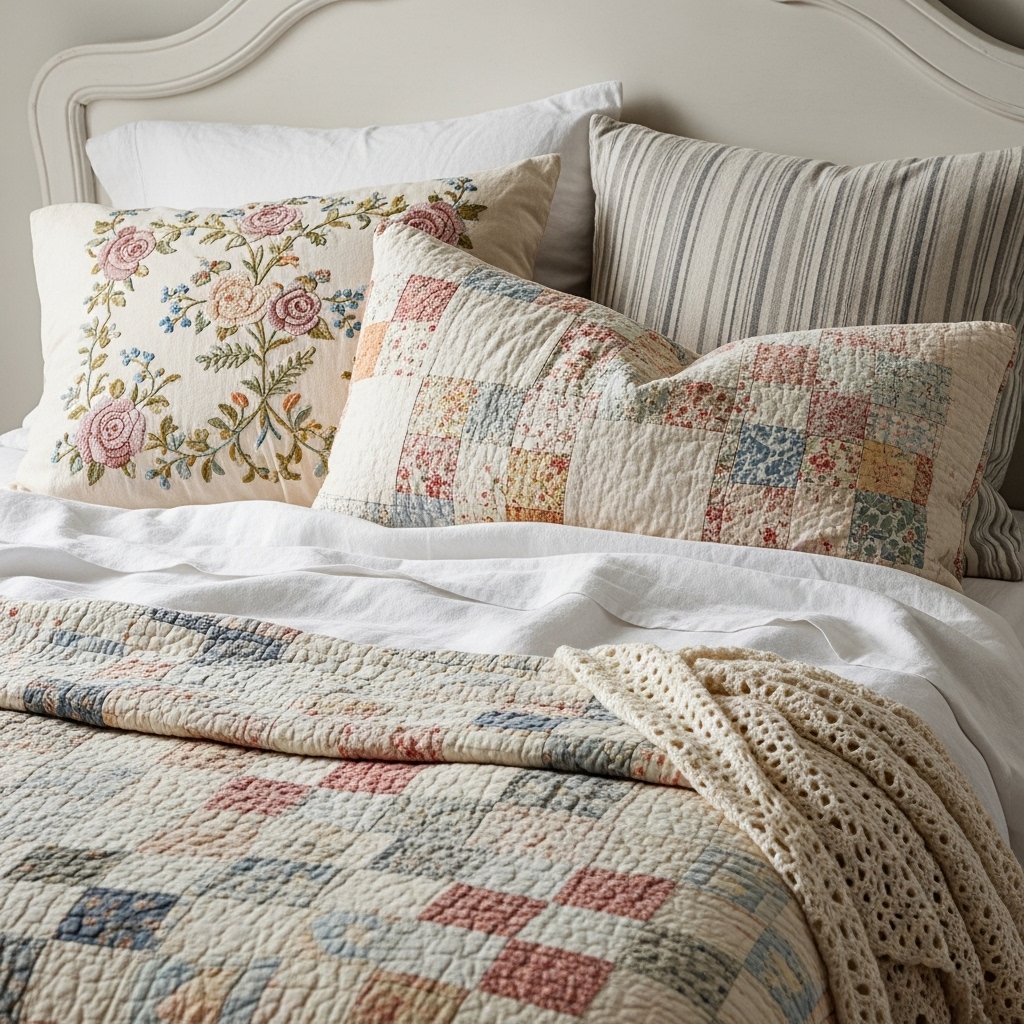 14 Vintage Bedroom Ideas That Feel Romantic, Collected, and Effortlessly Timeless Layered Linen and Vintage Quilt Bedding