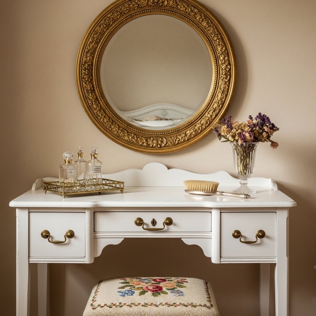 14 Vintage Bedroom Ideas That Feel Romantic, Collected, and Effortlessly Timeless Vintage Vanity With a Round Mirror