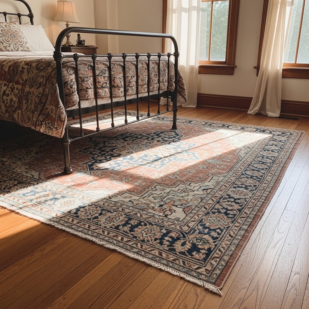 14 Vintage Bedroom Ideas That Feel Romantic, Collected, and Effortlessly Timeless Faded Persian or Oriental Rug on Hardwood Floors