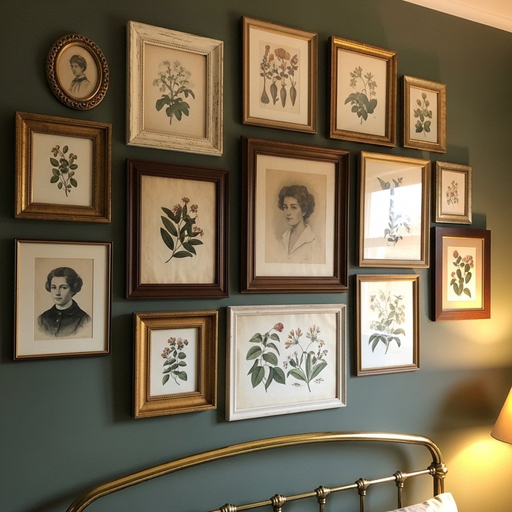 14 Vintage Bedroom Ideas That Feel Romantic, Collected, and Effortlessly Timeless Botanical or Vintage Print Gallery Wall