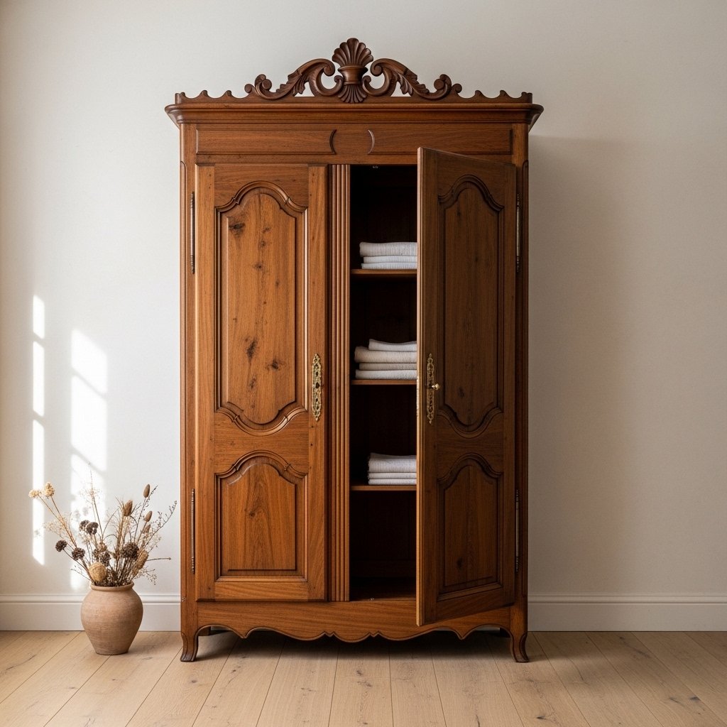 14 Vintage Bedroom Ideas That Feel Romantic, Collected, and Effortlessly Timeless A Tall Wooden Armoire Instead of Built-In Closets