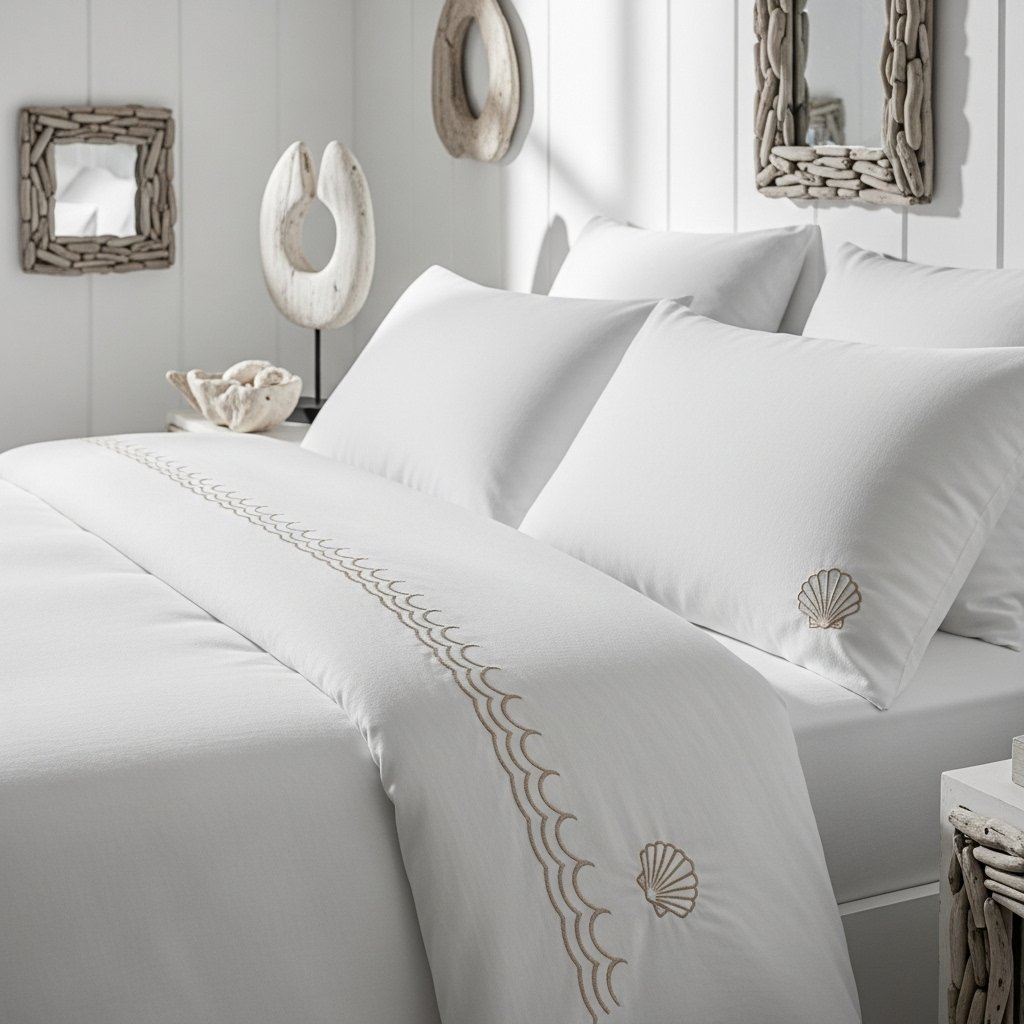 Embroidered Wave or Seashell Motif on White