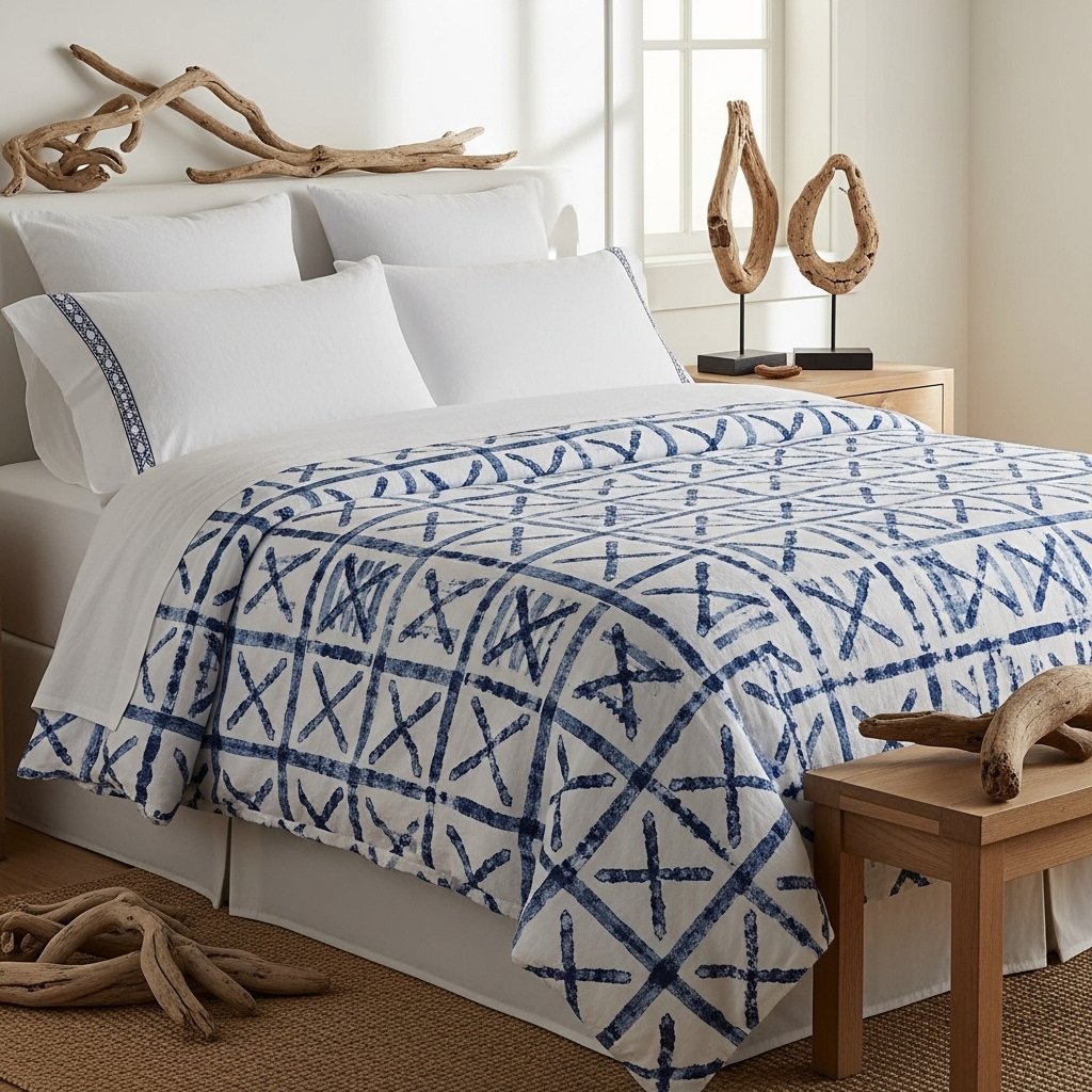 White Linen With Blue Block Print
